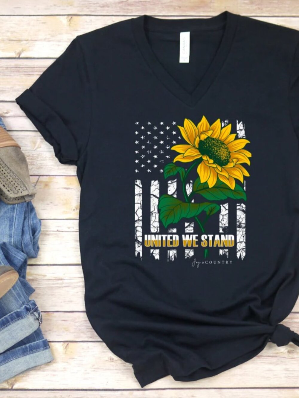 United We Stand American Flag Sunflower - Unisex V-Neck Tee